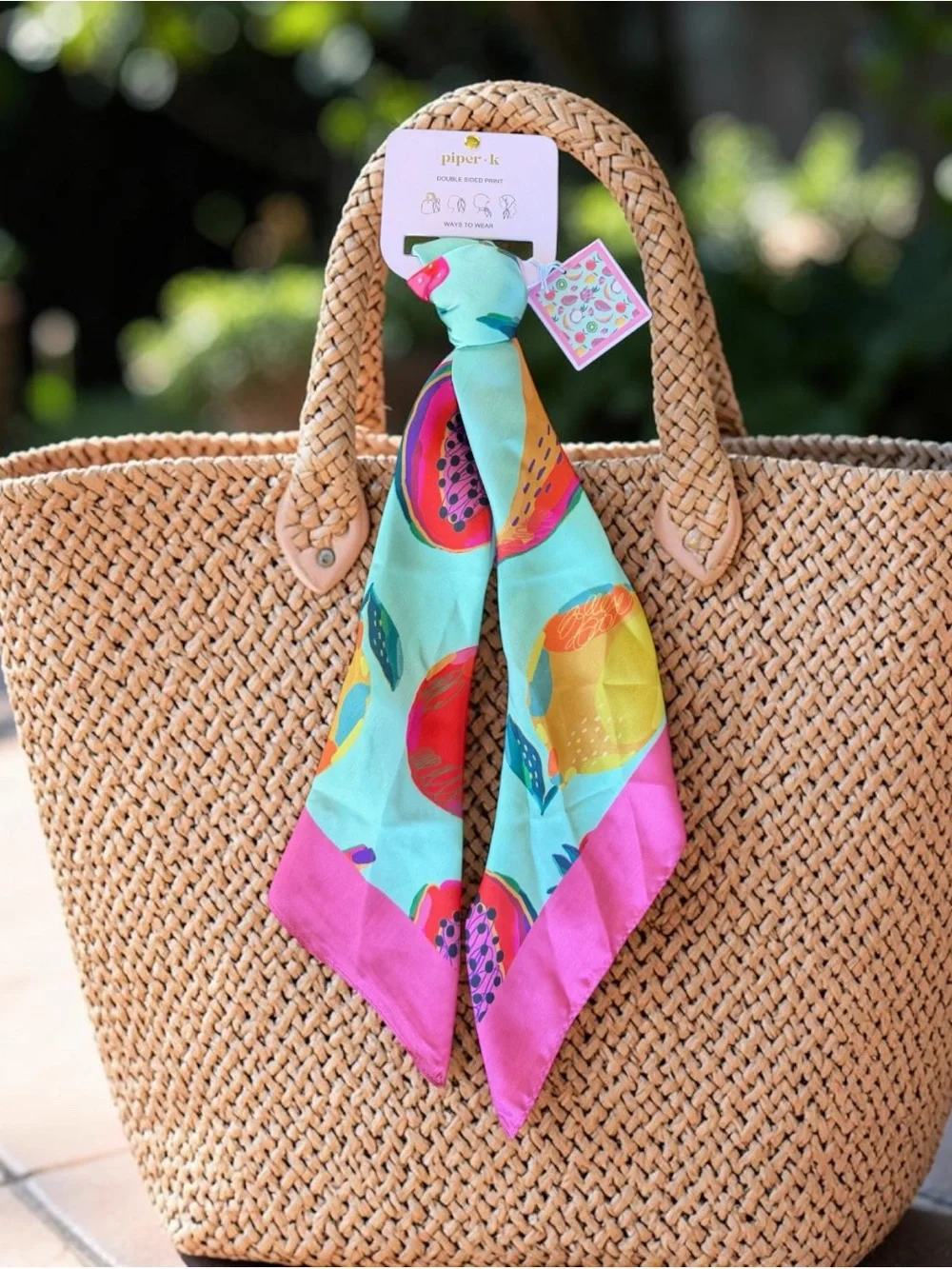 Piper K Fruit Print Scarf in Aqua and Pink Tropical Vacation Classic Style